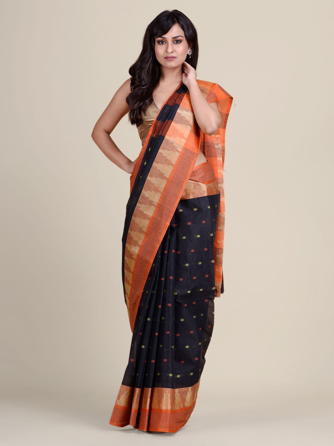 

Charukriti Black & Orange Pure Cotton Taant Saree