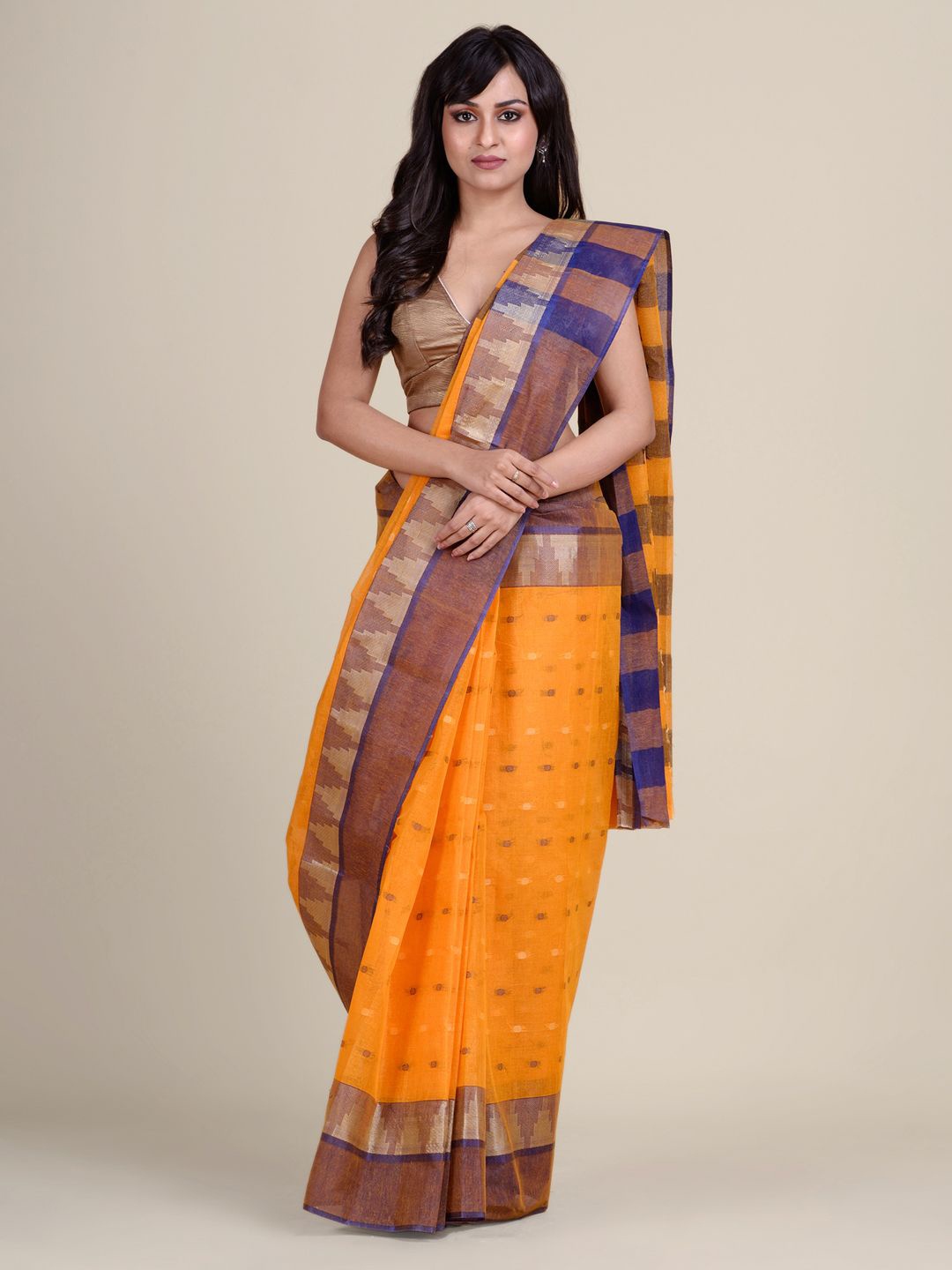 

Charukriti Orange & Blue Woven Design Pure Cotton Taant Saree