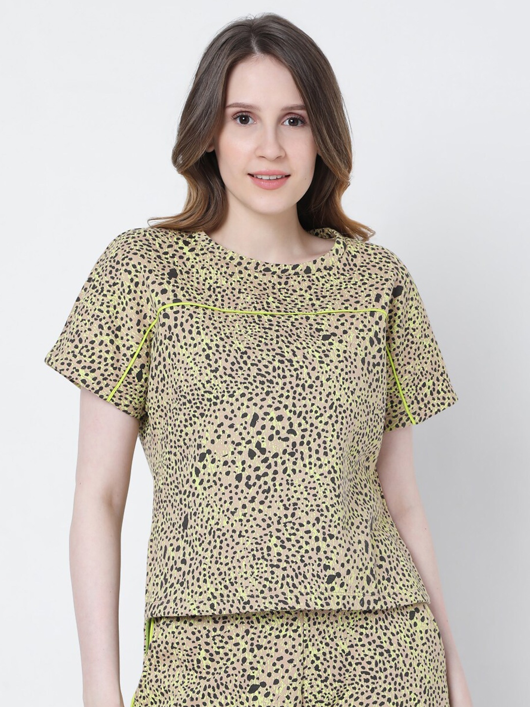 

Vero Moda Women Camel Brown & Black Printed Extended Sleeves T-shirt