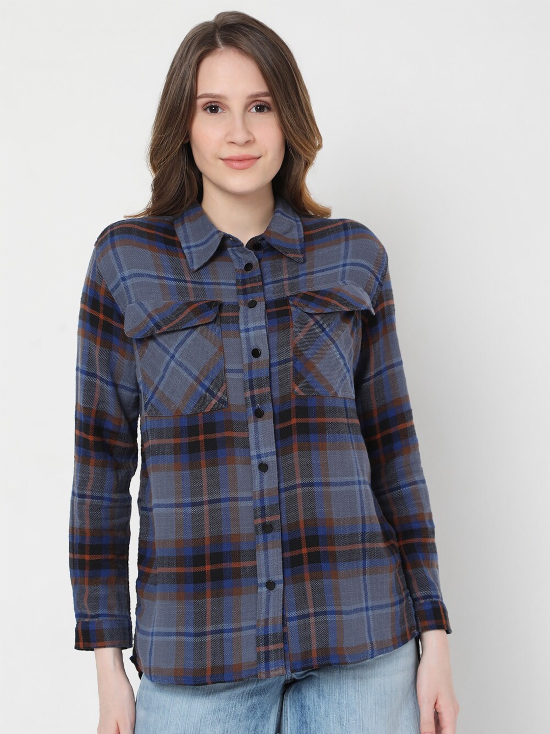

Vero Moda Women Blue & Black Tartan Checks Cotton Casual Shirt