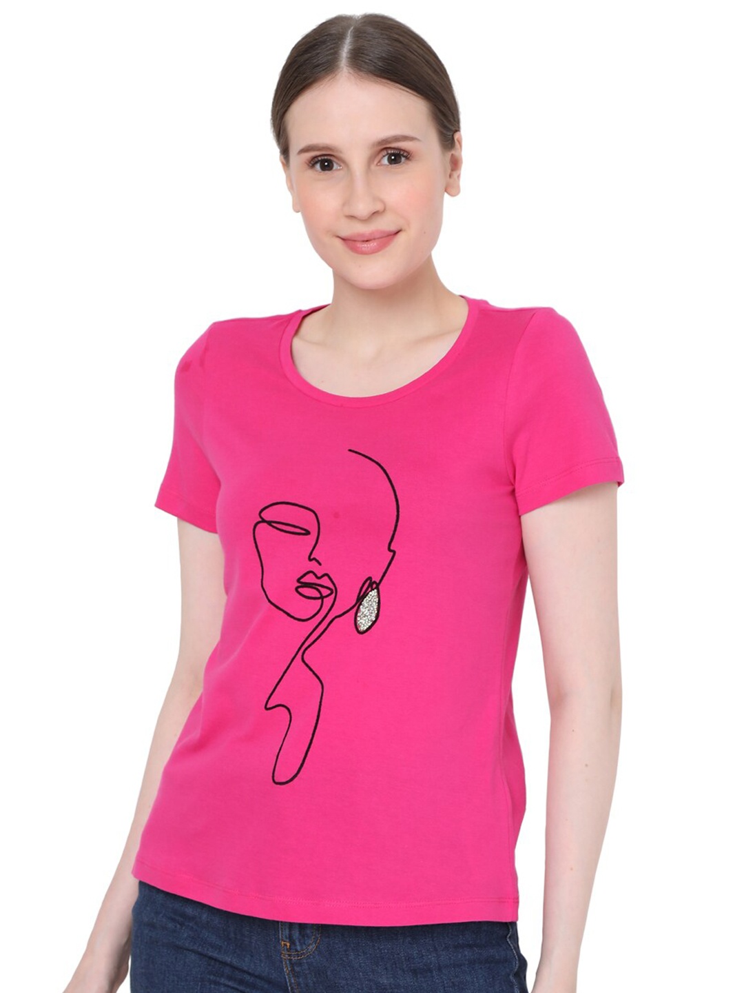 

Vero Moda Women Pink Printed Applique T-shirt