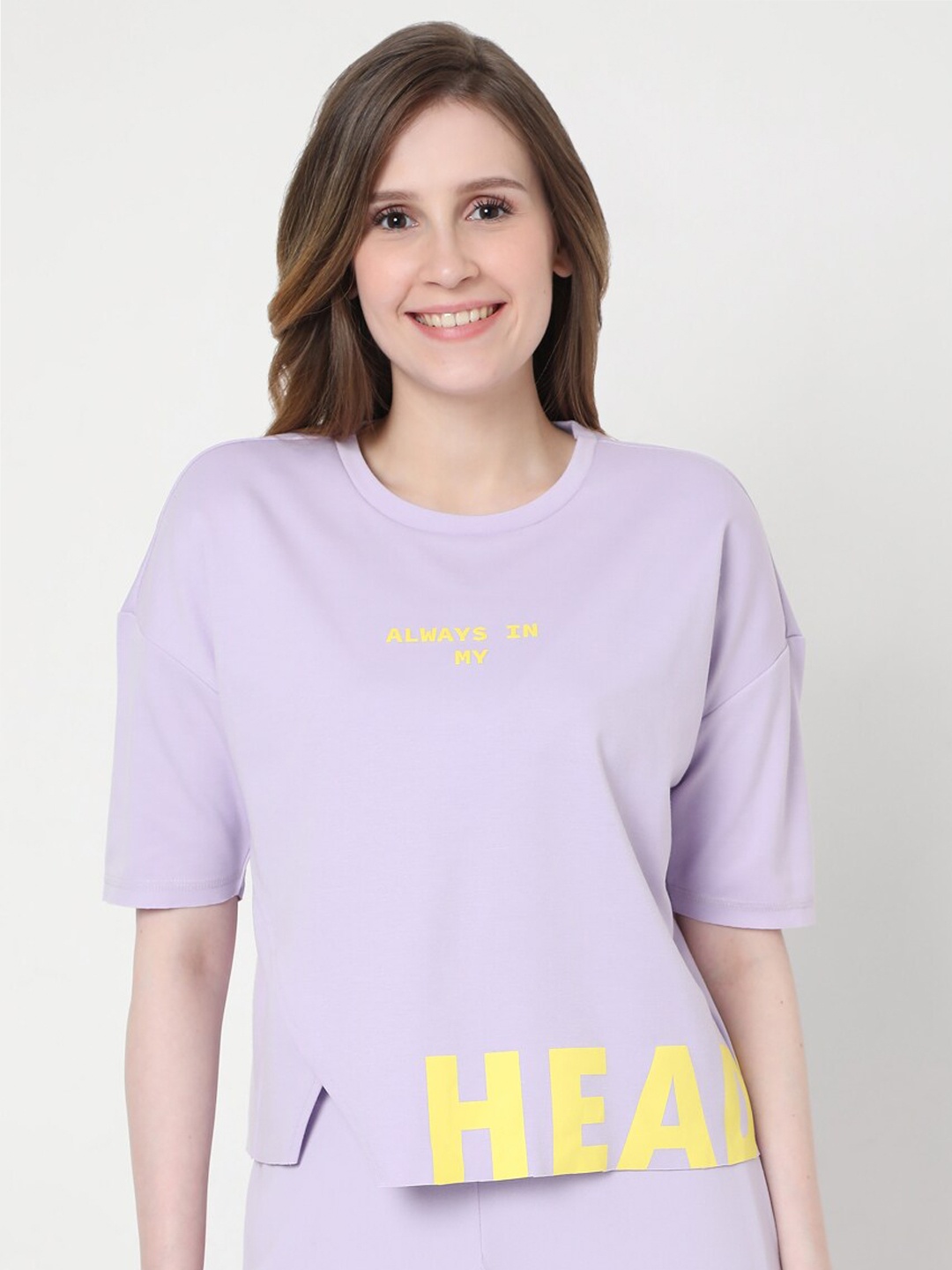 

Vero Moda Women Purple & Yellow Typography Printed Drop-Shoulder Sleeves T-shirt