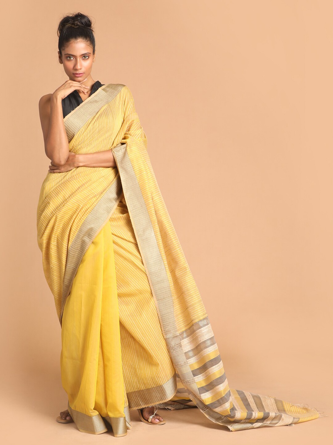 

Indethnic Yellow & Gold-Toned Woven Design Zari Silk Cotton Maheshwari Saree