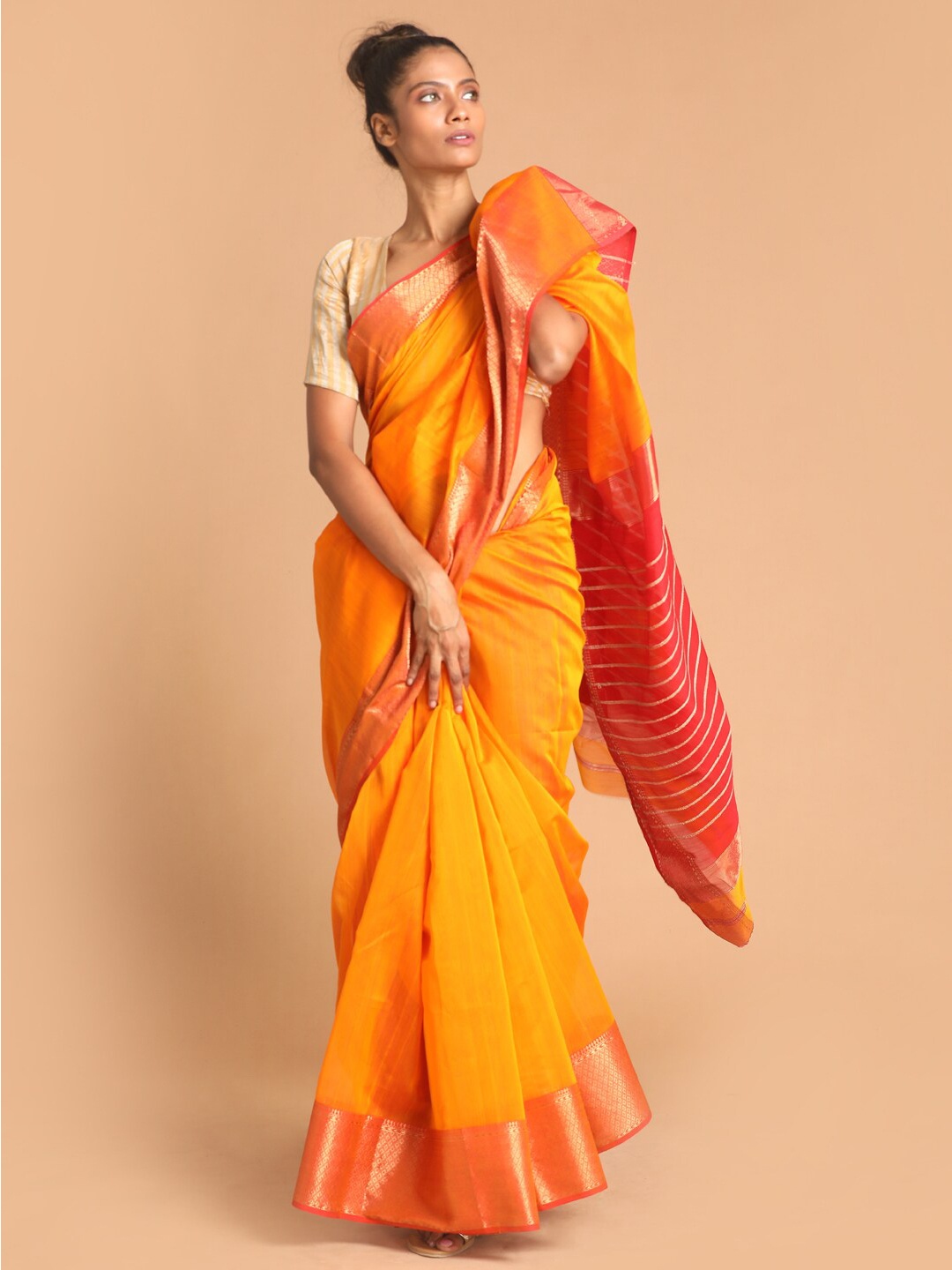 

Indethnic Mustard & Red Zari Silk Cotton Maheshwari Saree