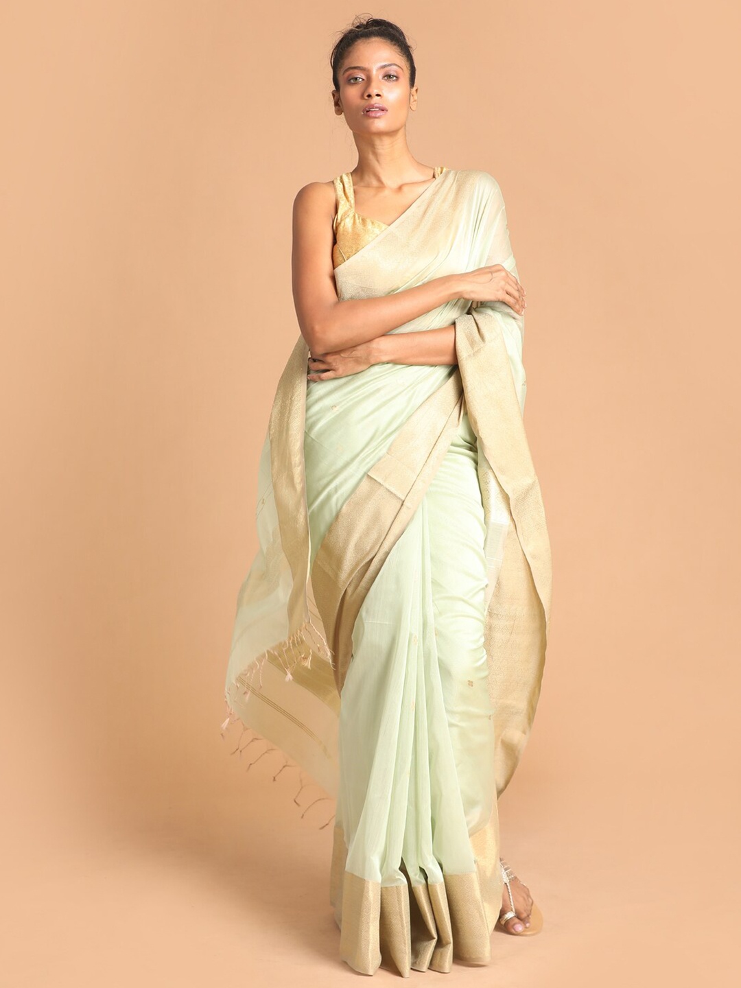 

Indethnic Sea Green & Gold-Toned Ethnic Motifs Zari Silk Cotton Maheshwari Saree