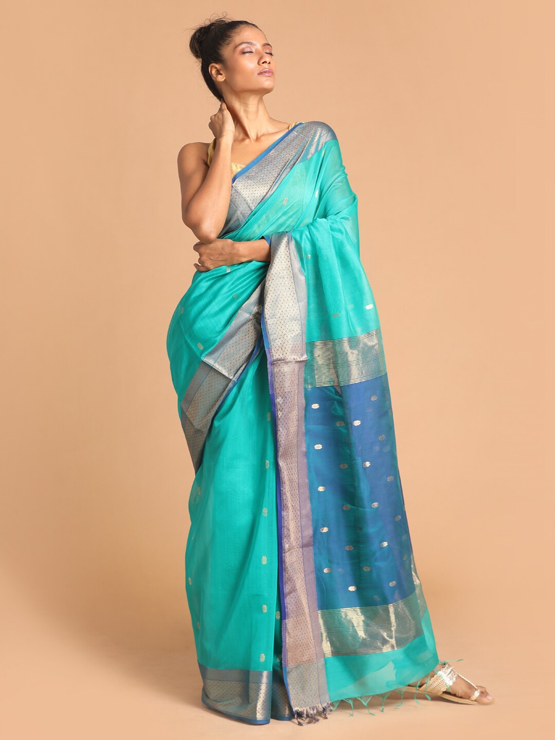 

Indethnic Green & Blue Woven Design Silk Cotton Maheshwari Saree