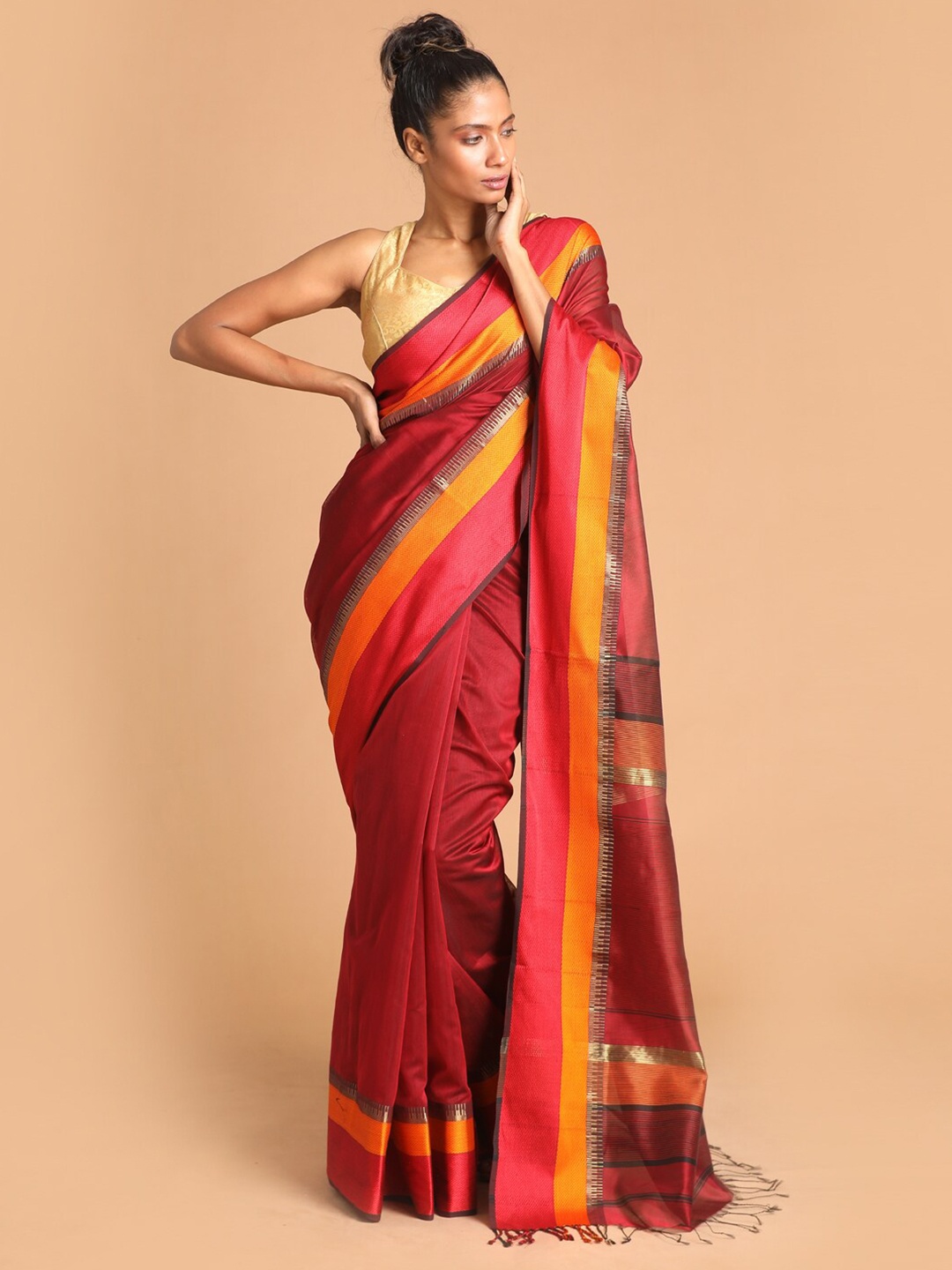 

Indethnic Maroon & Yellow Zari Silk Cotton Maheshwari Saree