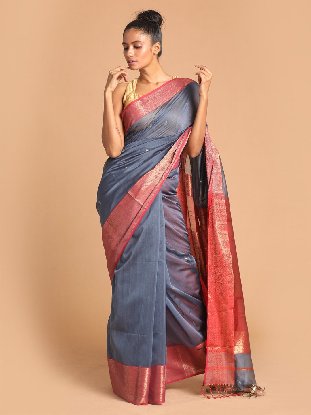 

Indethnic Grey & Red Woven Design Zari Silk Cotton Maheshwari Saree