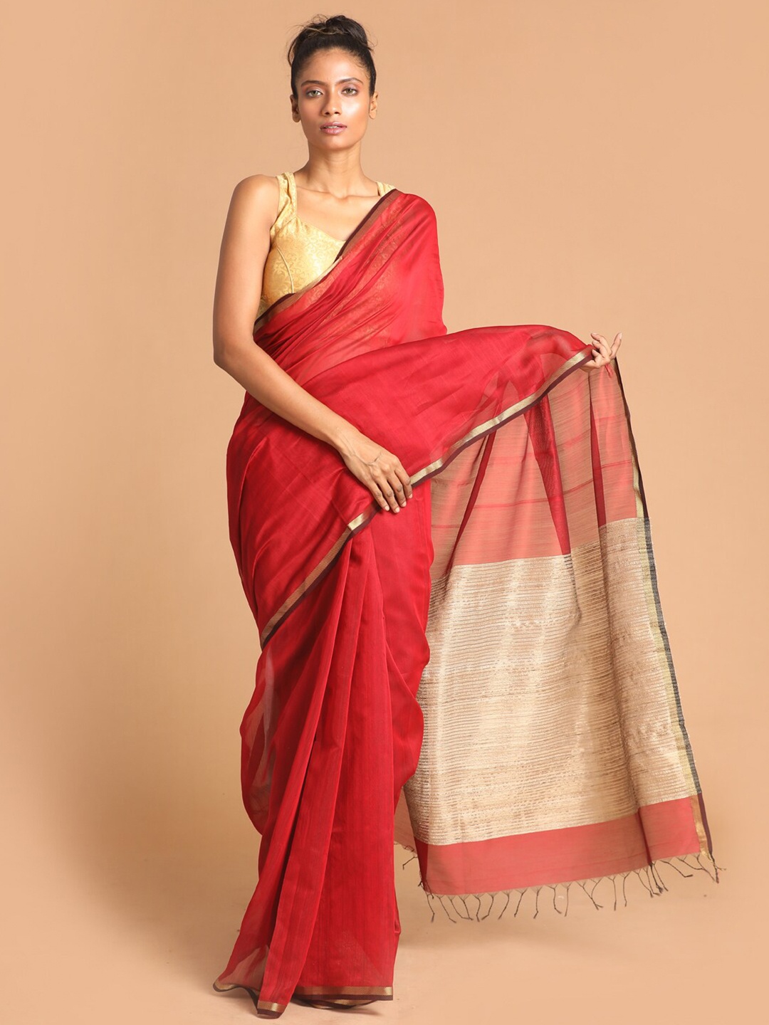 

Indethnic Red & Brown Zari Silk Cotton Maheshwari Saree