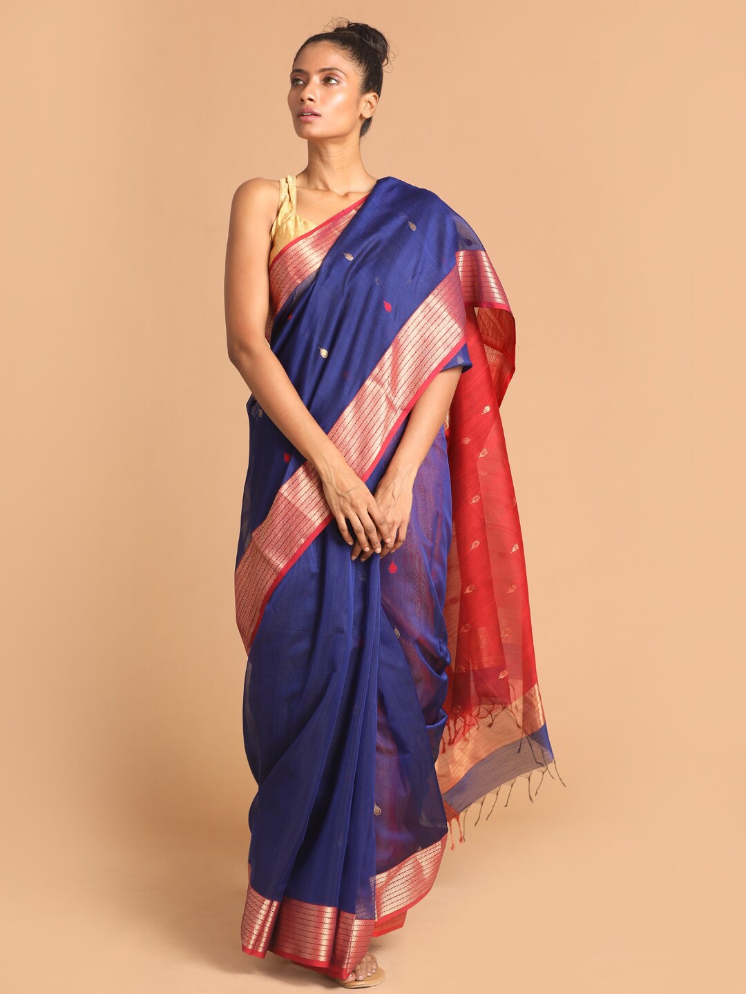 

Indethnic Navy Blue & Red Woven Design Zari Silk Cotton Maheshwari Saree