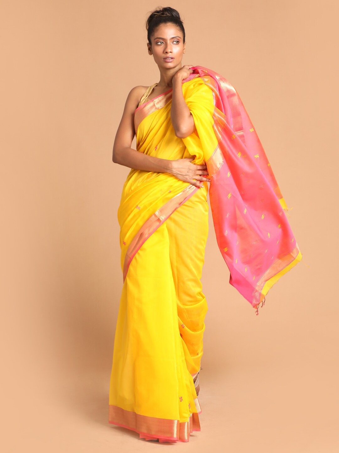 

Indethnic Yellow & Pink Floral Zari Silk Cotton Maheshwari Saree