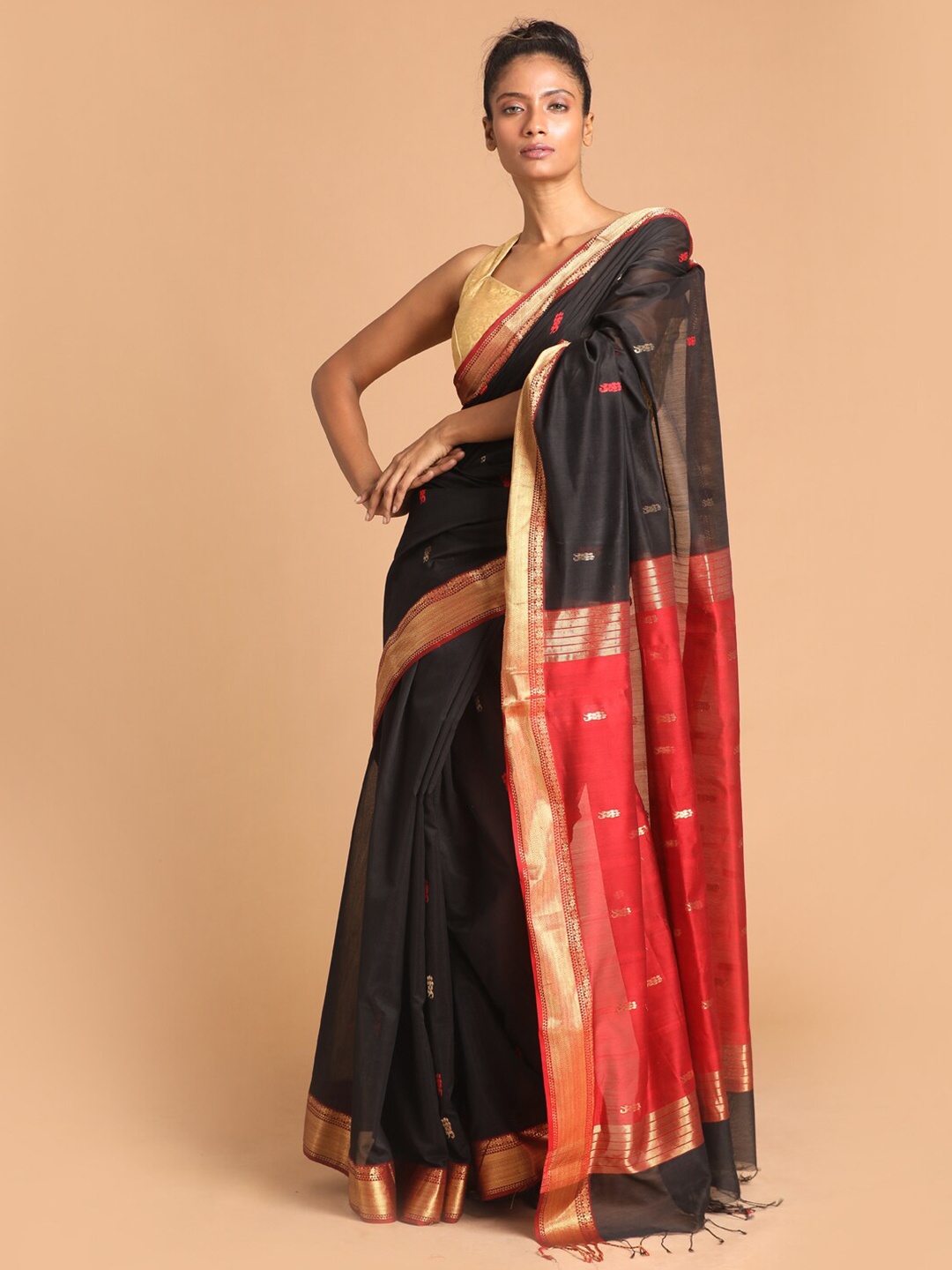 

Indethnic Black & Red Woven Design Zari Silk Cotton Maheshwari Saree