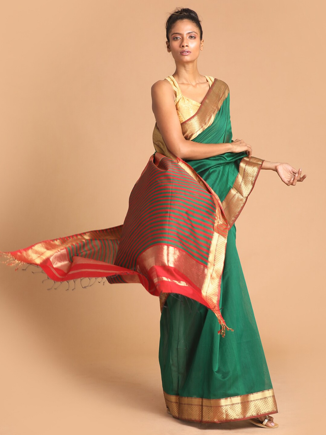 

Indethnic Green & Red Zari Silk Cotton Maheshwari Saree