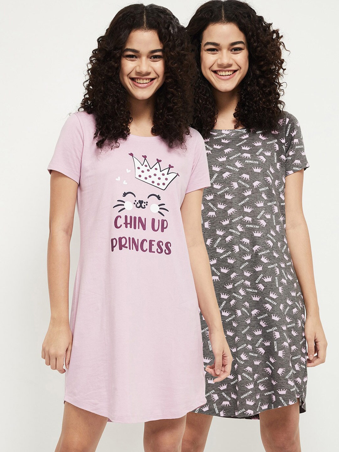 

max Pack of 2 Mauve & Grey Pure Cotton Printed Nightdress
