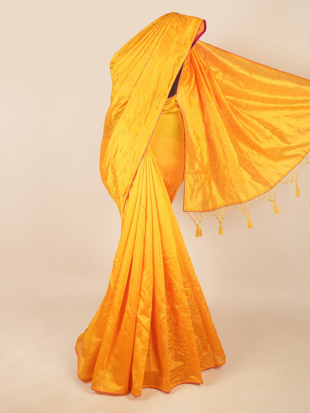 

Pothys Mustard Yellow & Pink Floral Embroidered Art Silk Saree
