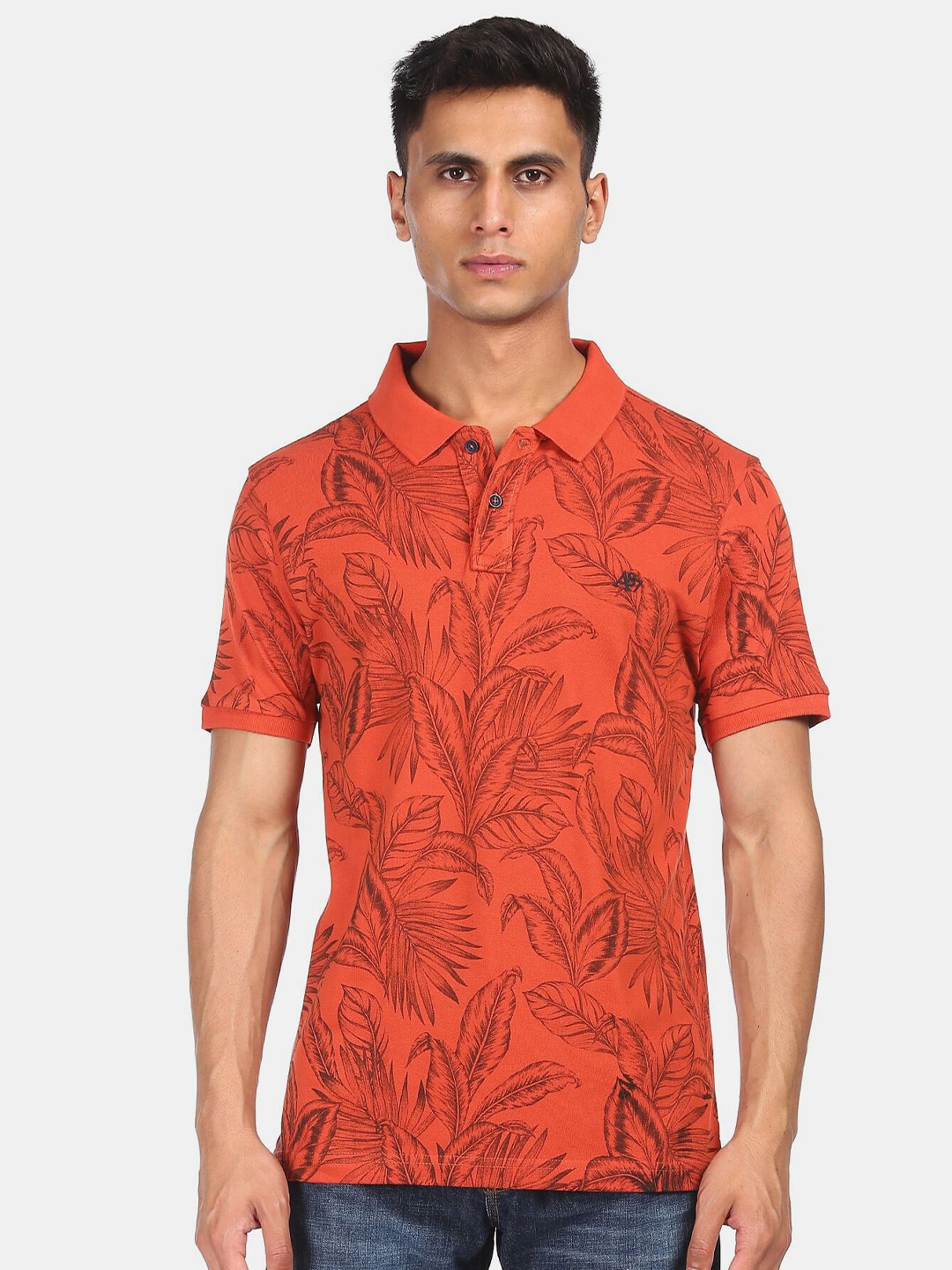 

Aeropostale Men Orange Floral Printed Polo Collar Tropical Applique T-shirt