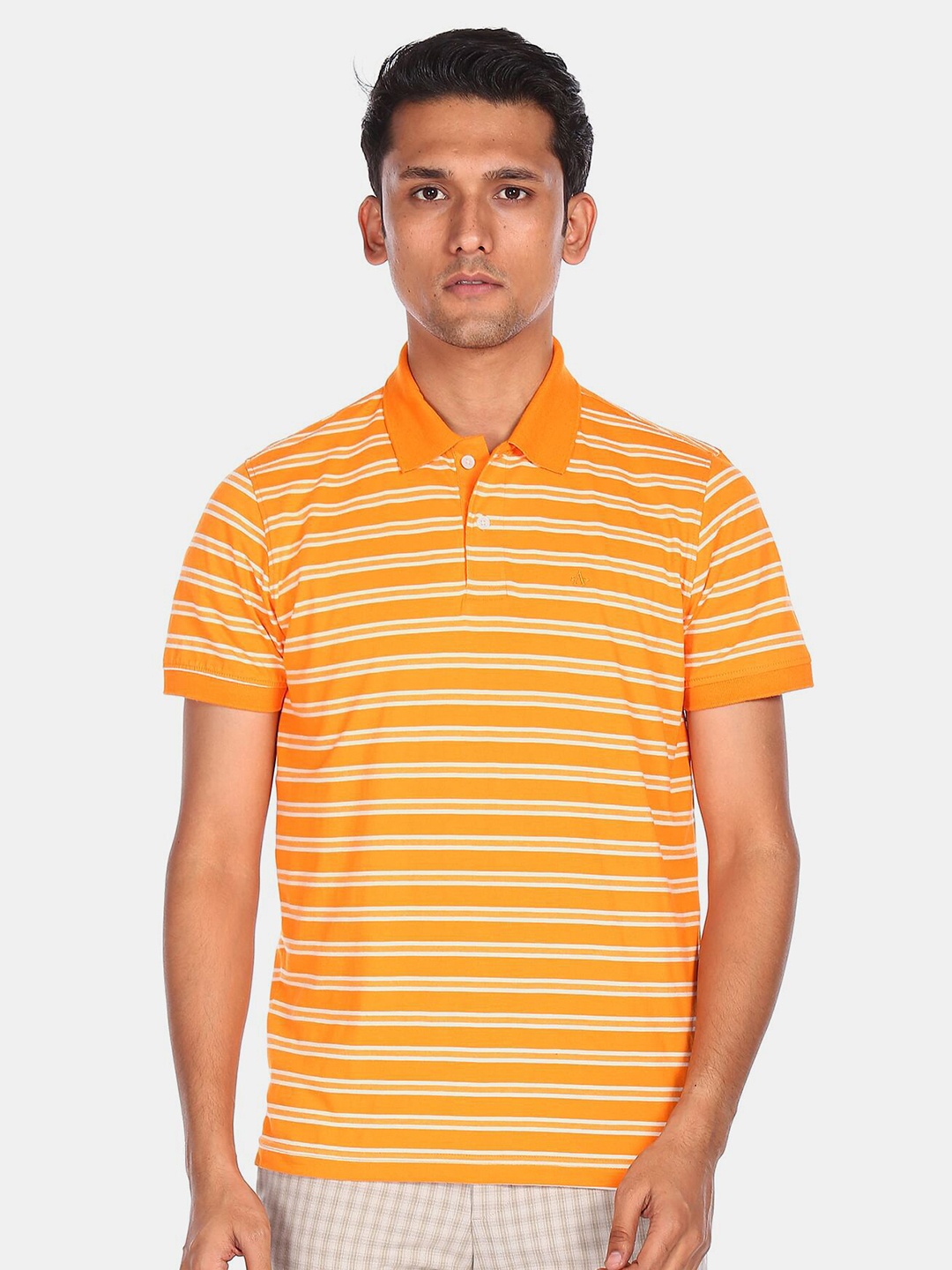 

Arrow Sport Men Yellow & Orange Striped Pure Cotton Polo Collar T-shirt