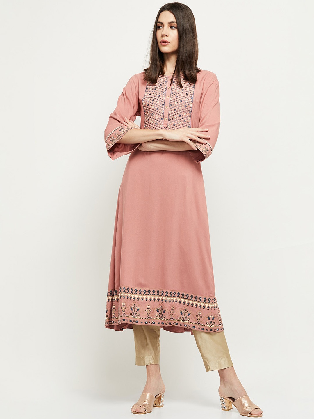 

max Women Pink Floral Embroidered Thread Work Kurta
