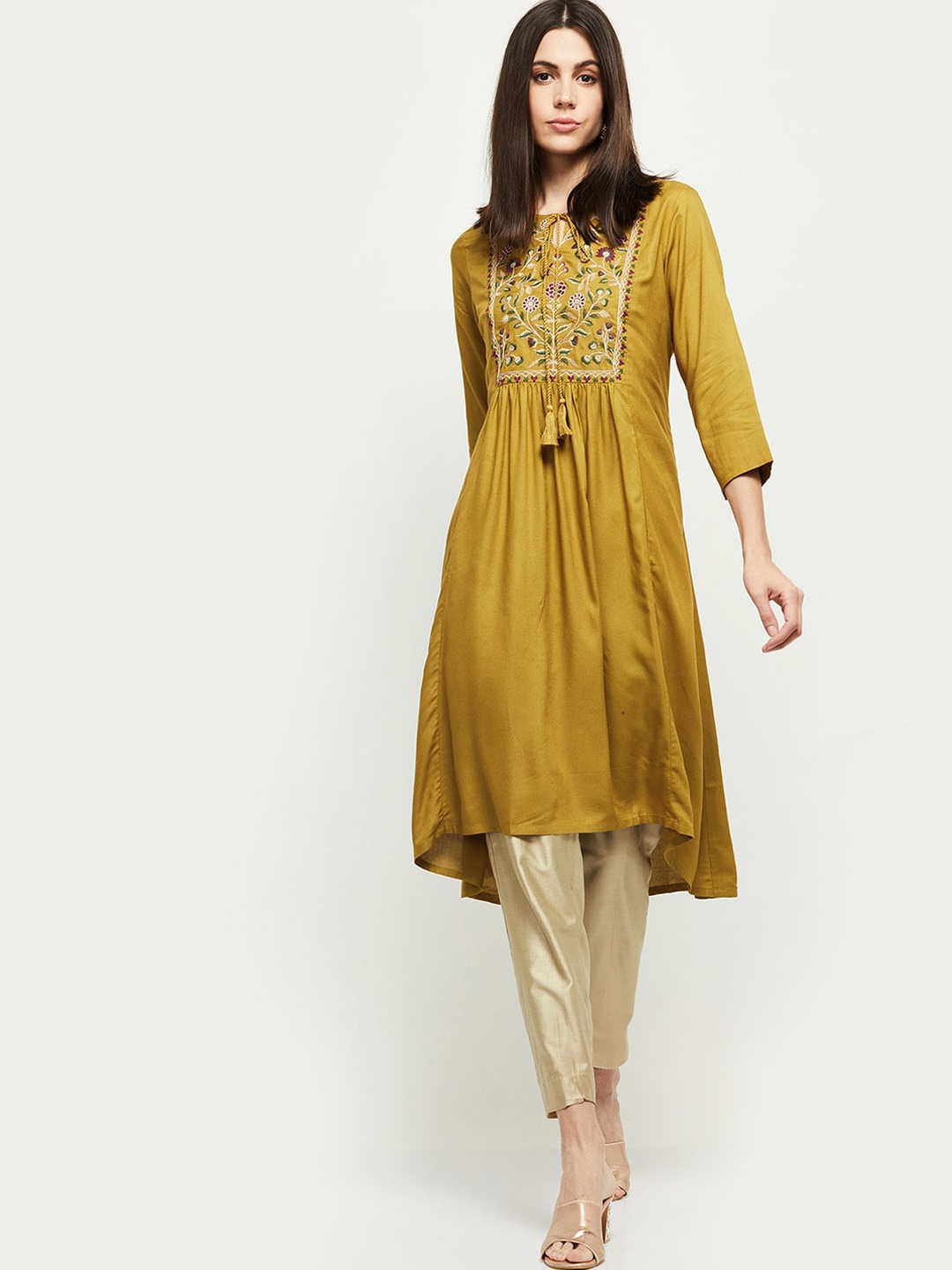 

max Women Mustard Yellow Yoke Design Keyhole Neck Anarkali Kurta