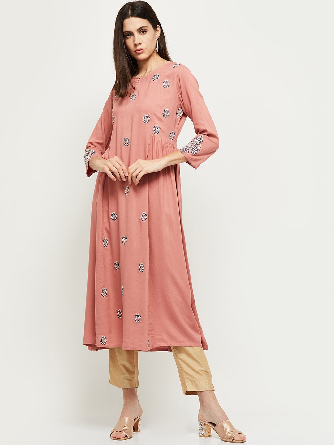 

max Women Pink Floral Embroidered A-Line Kurta