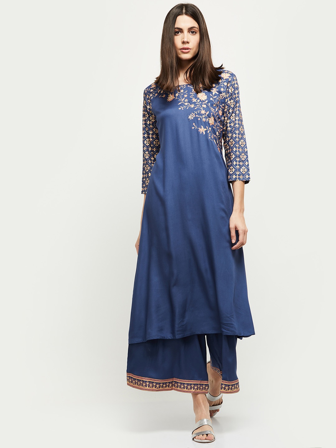 

max Women Blue & Pink Floral Yoke Design Floral A-line Kurta