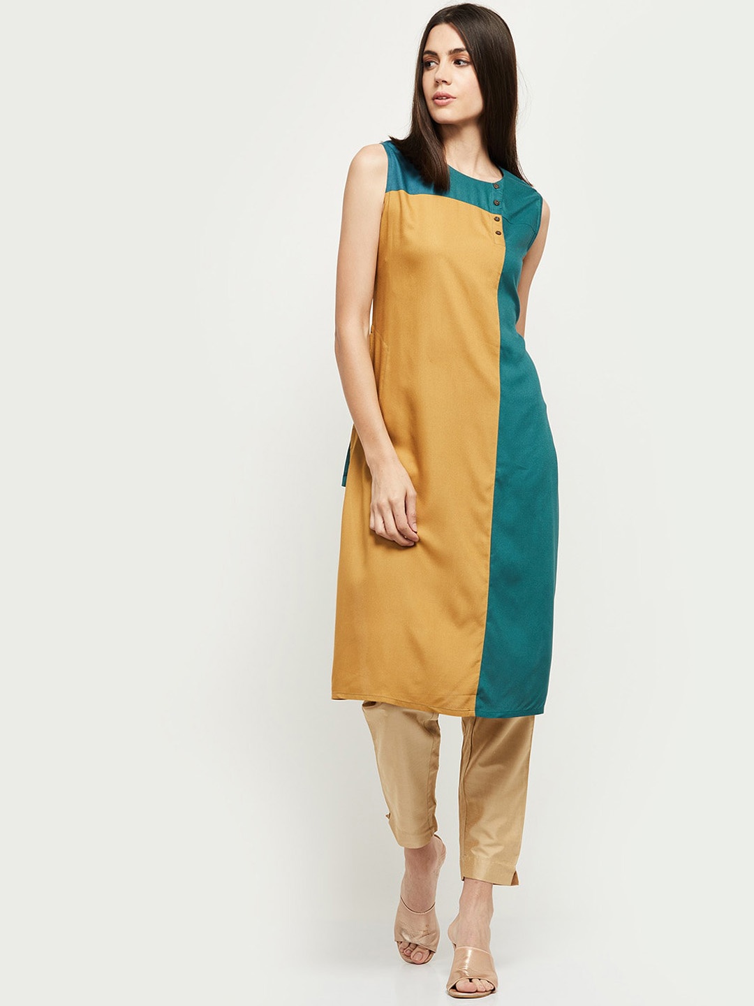 

max Women Mustard Yellow Colourblocked Kurta