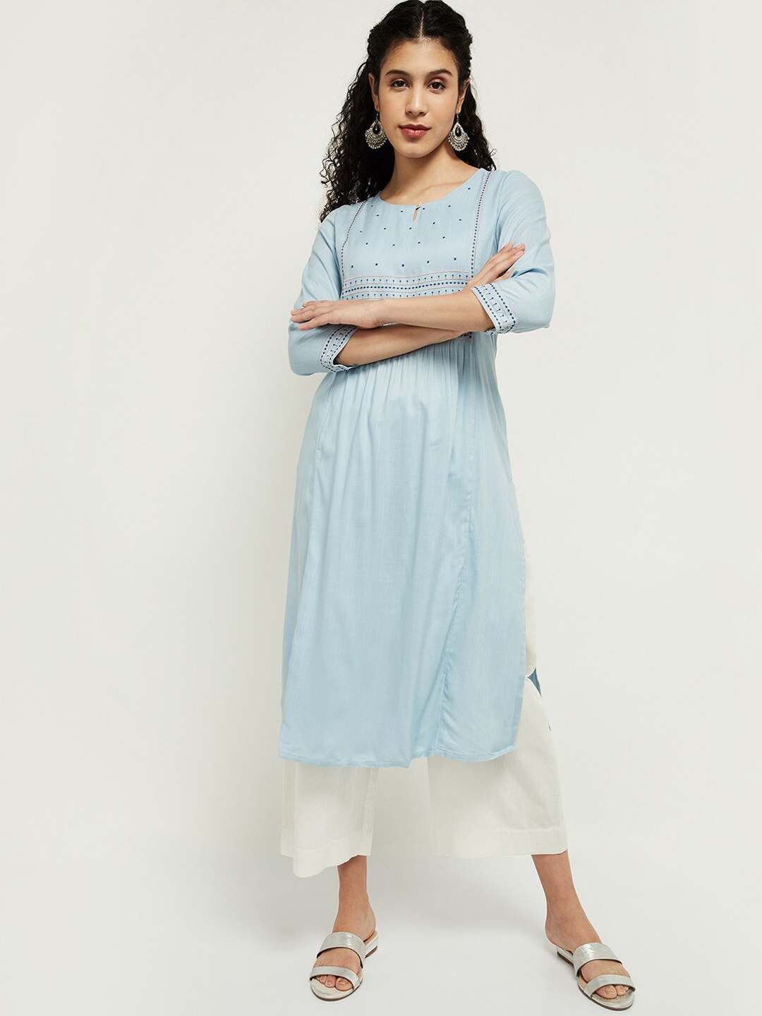 

max Women Blue Ethnic Motifs Yoke Design Kurta