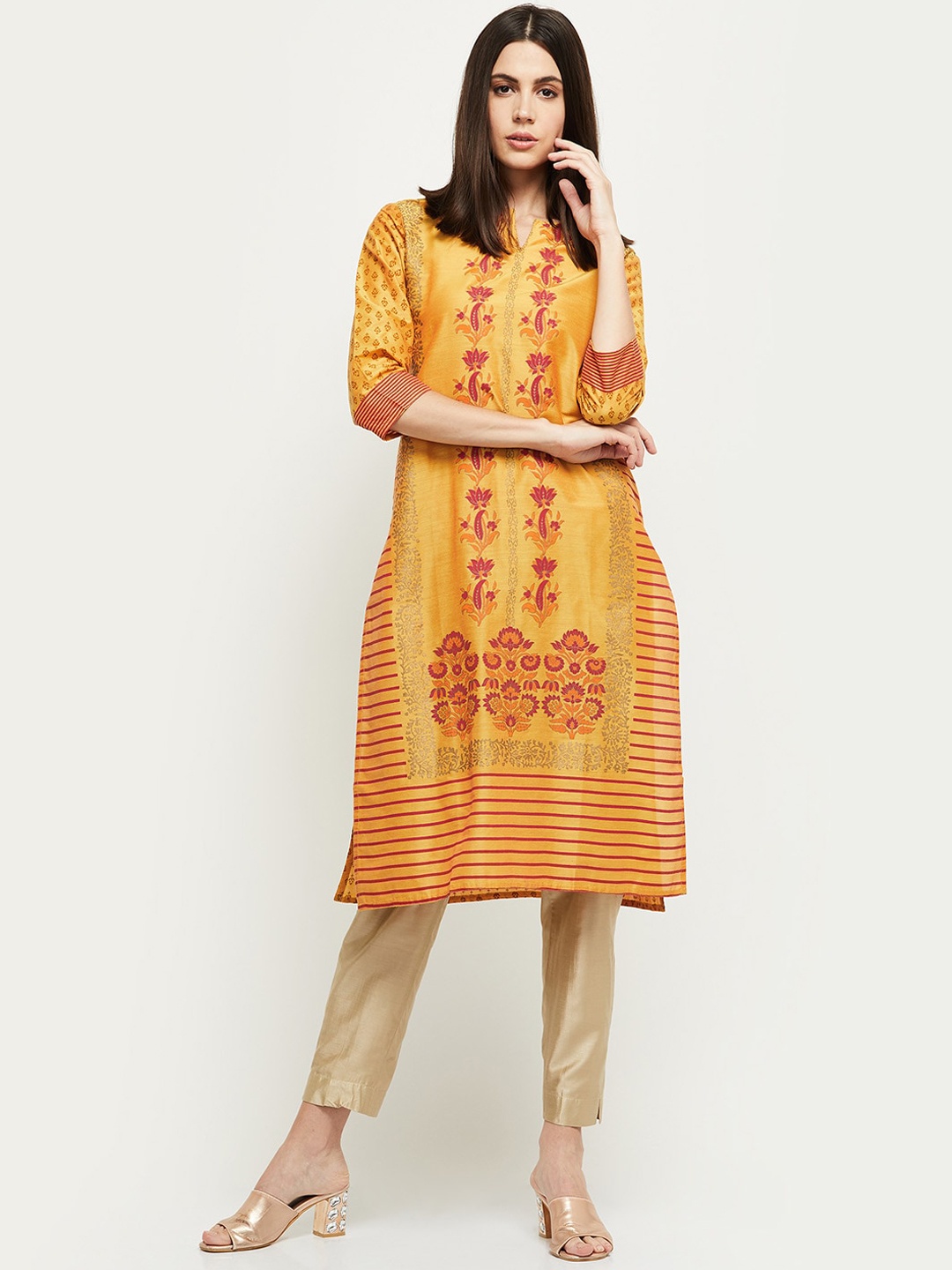 

max Women Mustard Yellow Ethnic Motifs Printed Kurta