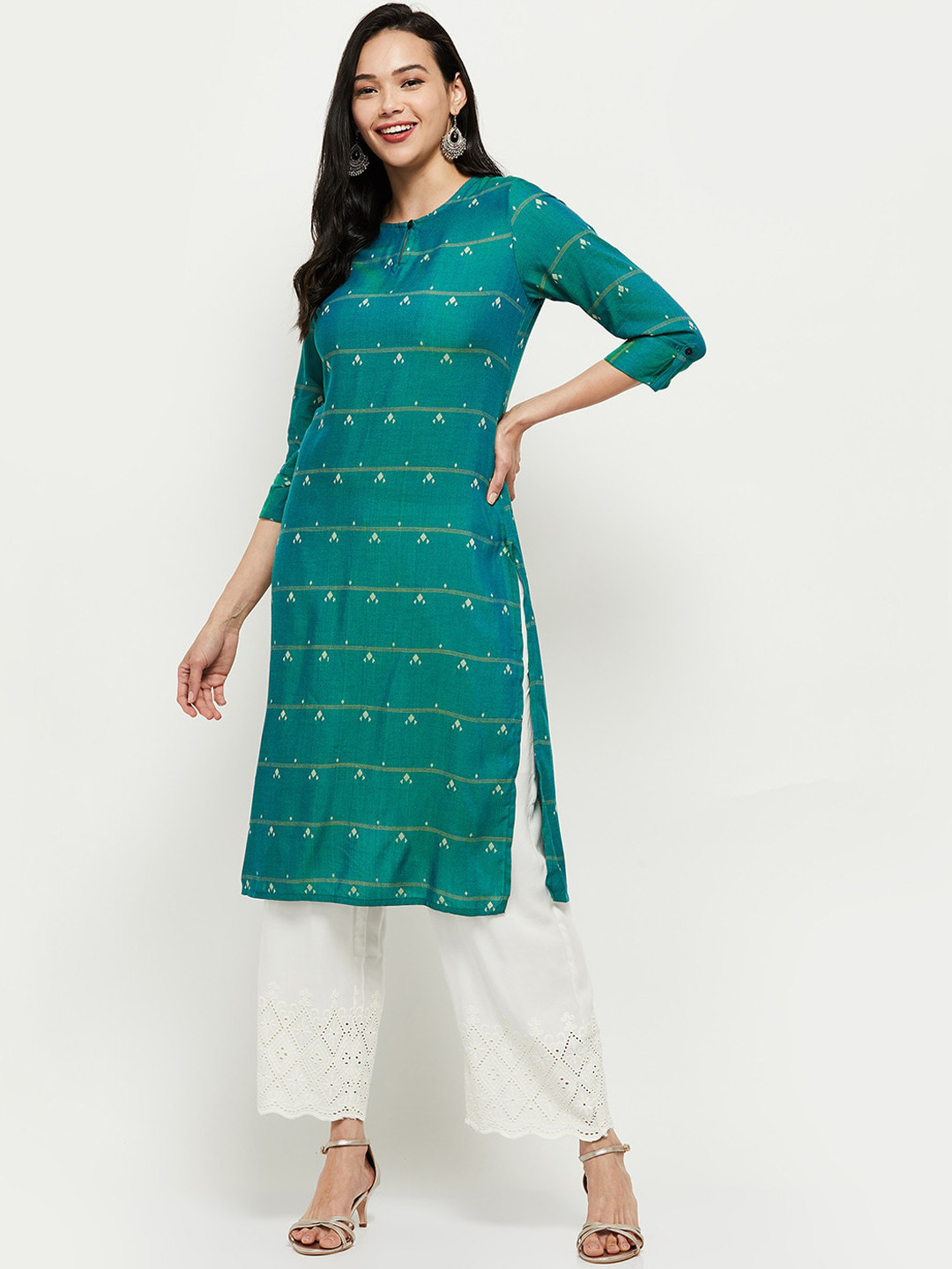 

max Women Teal Blue & White Geometric Printed Keyhole Neck Pathani Kurta