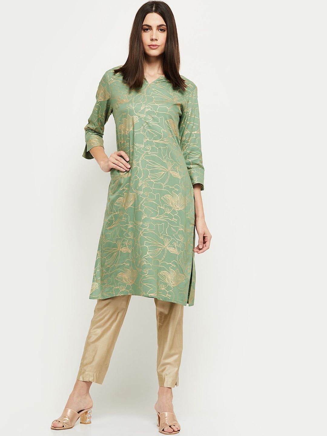 

Max Women Green Floral Printed Rayon Kurta