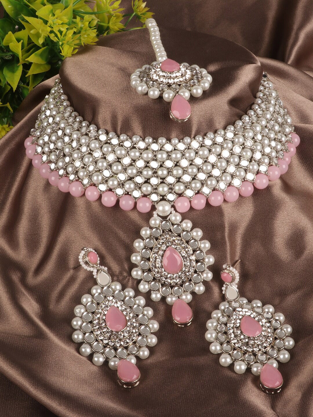 

PENNY JEWELS Silver-Plated & White Stone Studded & Beadded Jewellery Set, Pink