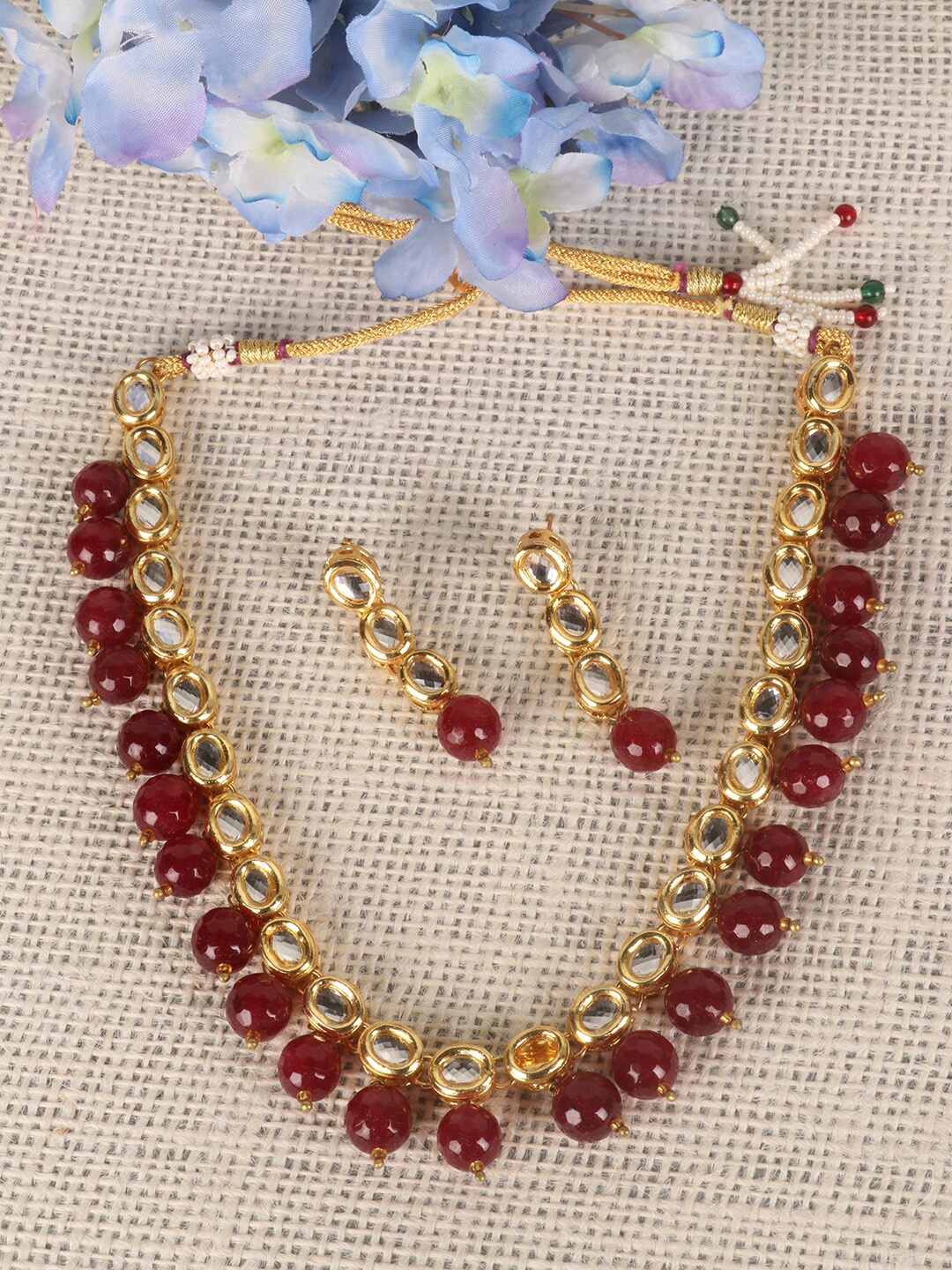 

PENNY JEWELS Women Maroon & Gold-Toned Kundan Beaded Necklace Set