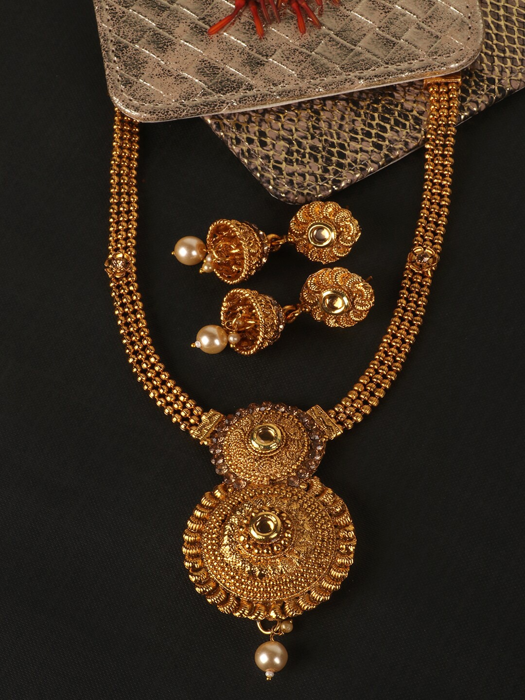 

PENNY JEWELS Gold-Plated Beige Stone-Studded & Beaded Jewellery Set