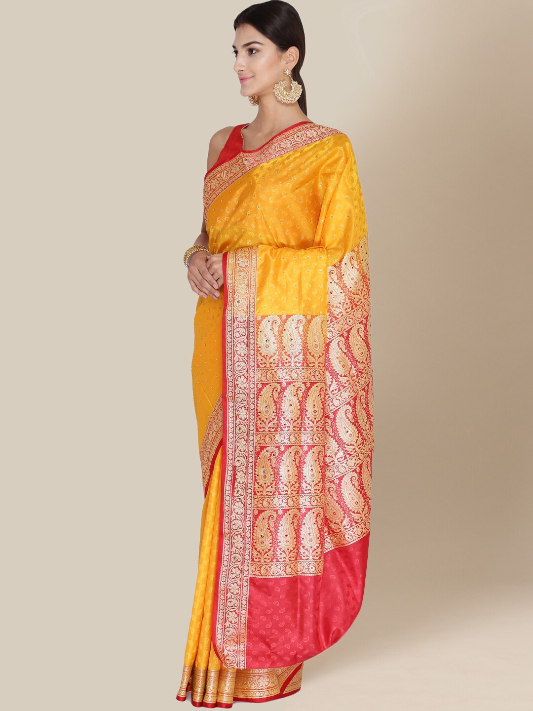 

Chhabra 555 Yellow & Red Woven Design Zari Art Silk Banarasi Saree