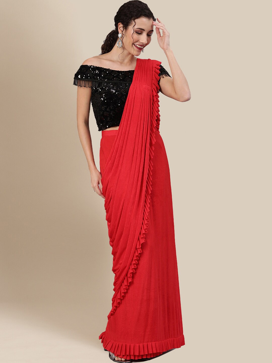 

Chhabra 555 Red & Black Sequinned Ready To Wear Saree