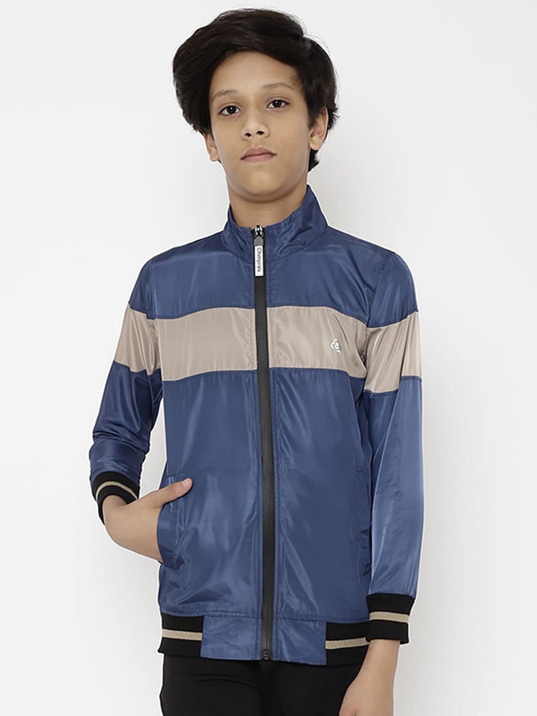

CHIMPRALA Boys Blue & Cream-Coloured Colourblocked Water Resistant Running Bomber Jacket