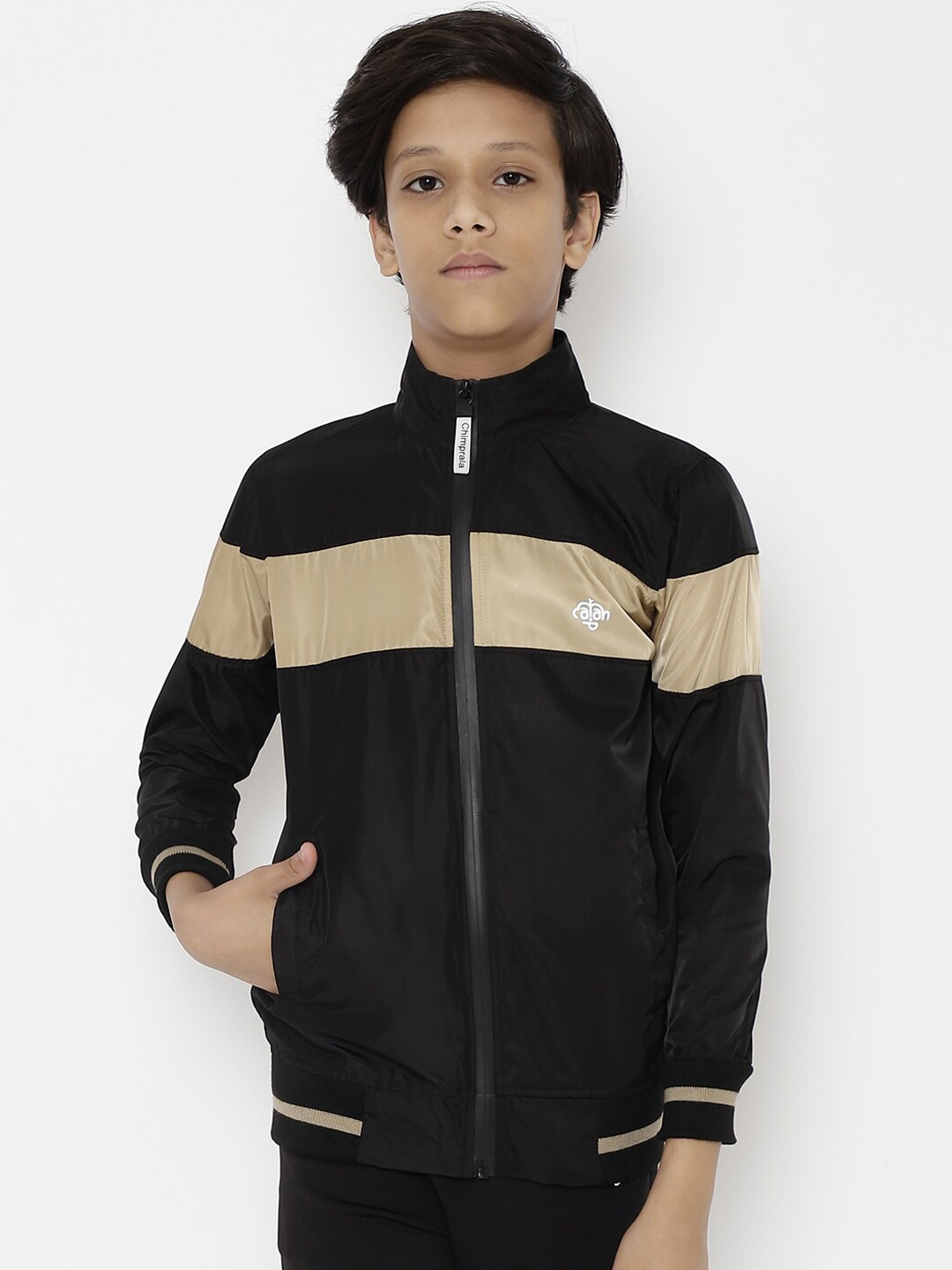 

CHIMPRALA Boys Black & Beige Colourblocked Water Resistant Running Bomber Jacket