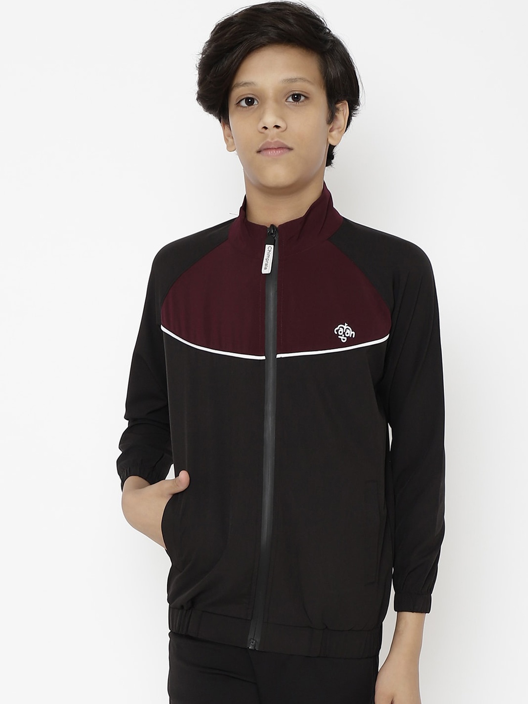 

CHIMPRALA Boys Maroon Black Colourblocked Water Resistant Running Sporty Jacket