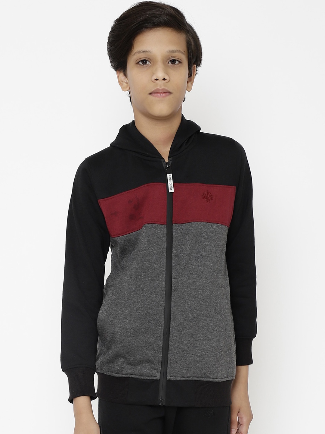 

CHIMPRALA Boys Black & Grey Colourblocked Hooded Fleece Sweatshirt