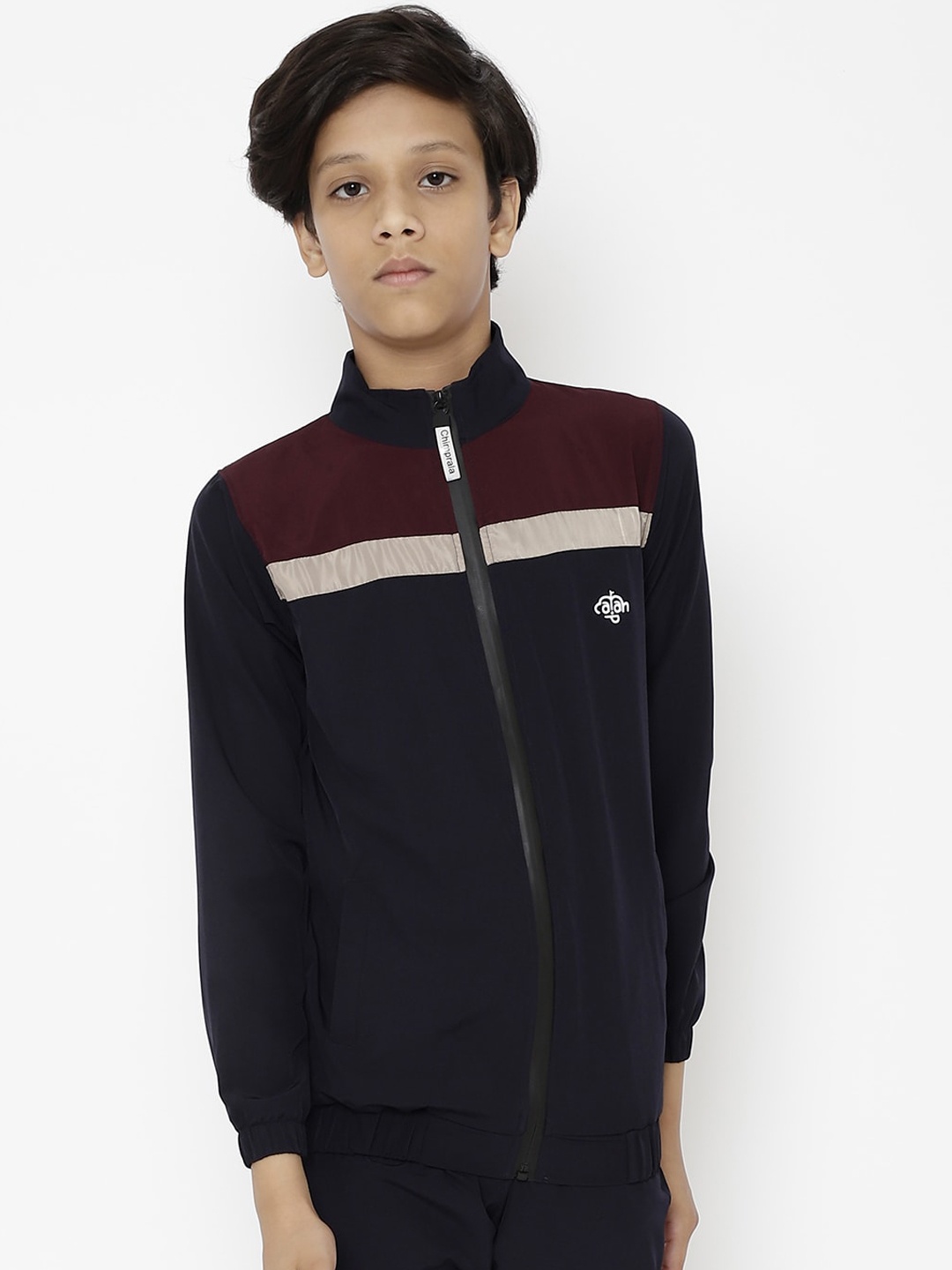 

CHIMPRALA Boys Maroon Navy Blue Colourblocked Water Resistant Running Open Front Jacket