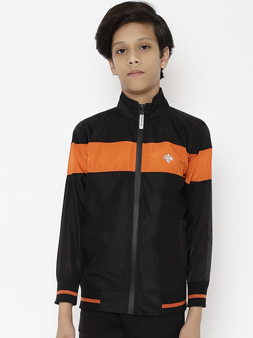 

CHIMPRALA Boys Black & Orange Striped Water Resistant Running Bomber Jacket