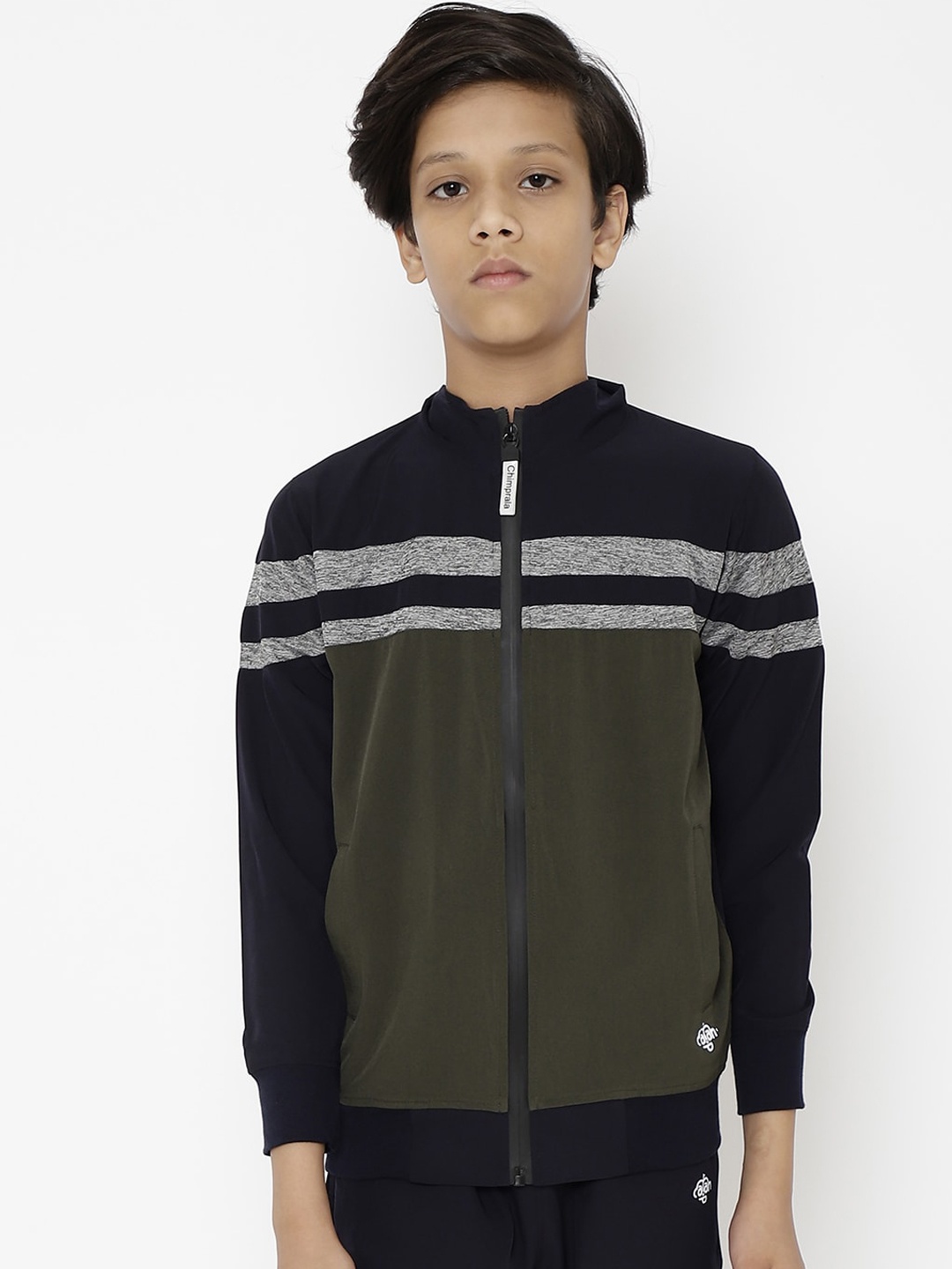 

CHIMPRALA Boys Navy Blue Olive Green Striped Water Resistant Running Bomber Jacket