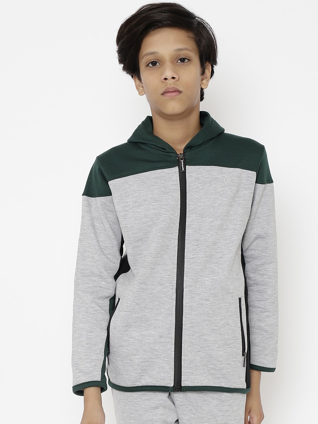 

CHIMPRALA Boys Grey Black Colourblocked Fleece Hooded Jacket