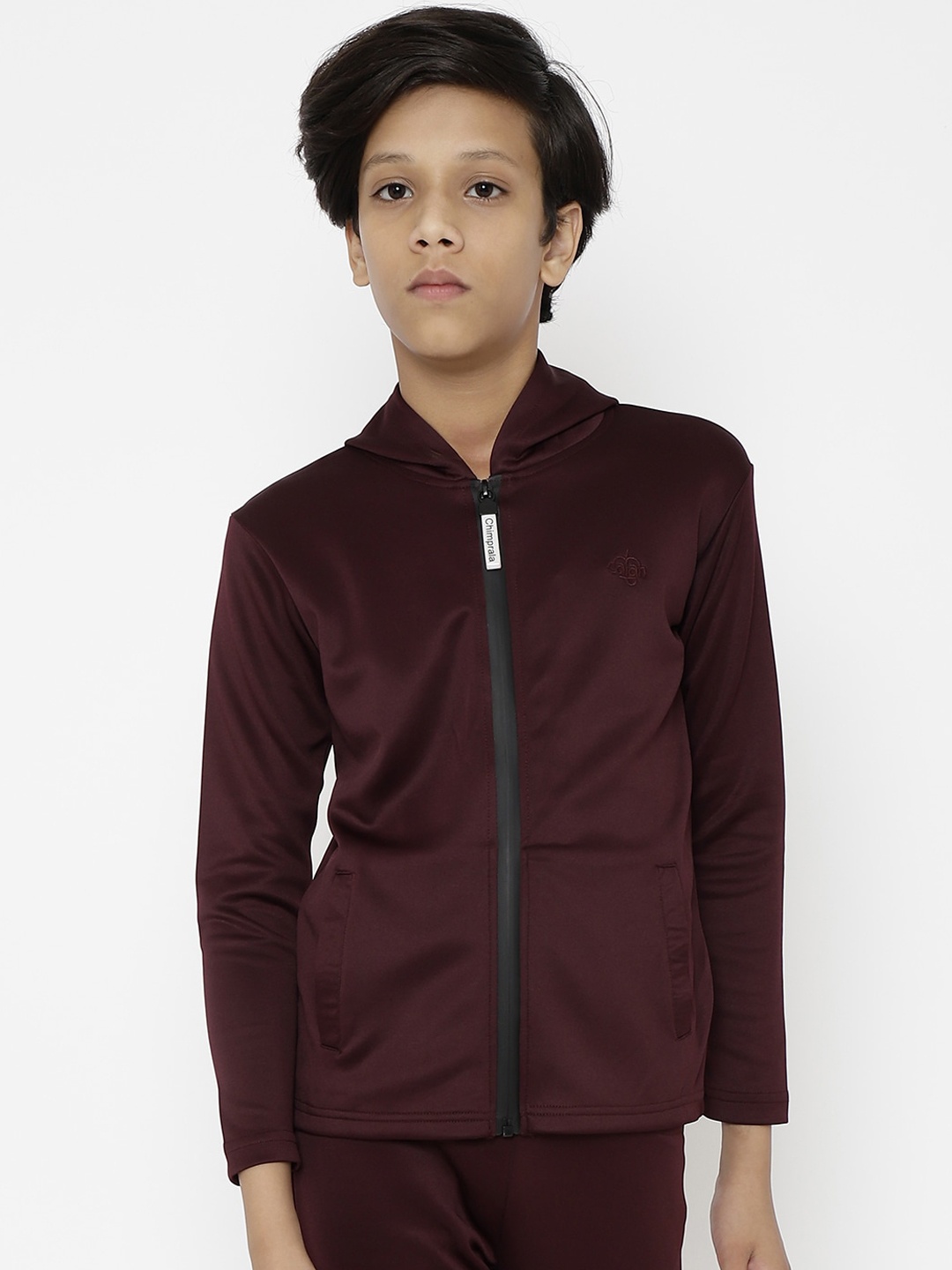 

CHIMPRALA Boys Maroon Solid Lightweight Hooded Tailored Jacket