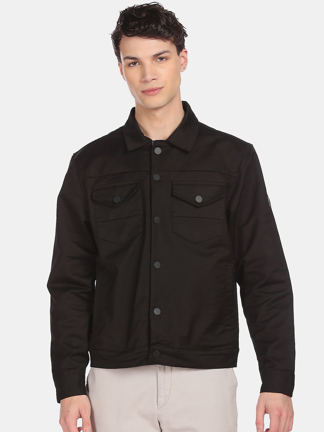 

Arrow New York Men Black Geometric Checked Bomber Jacket