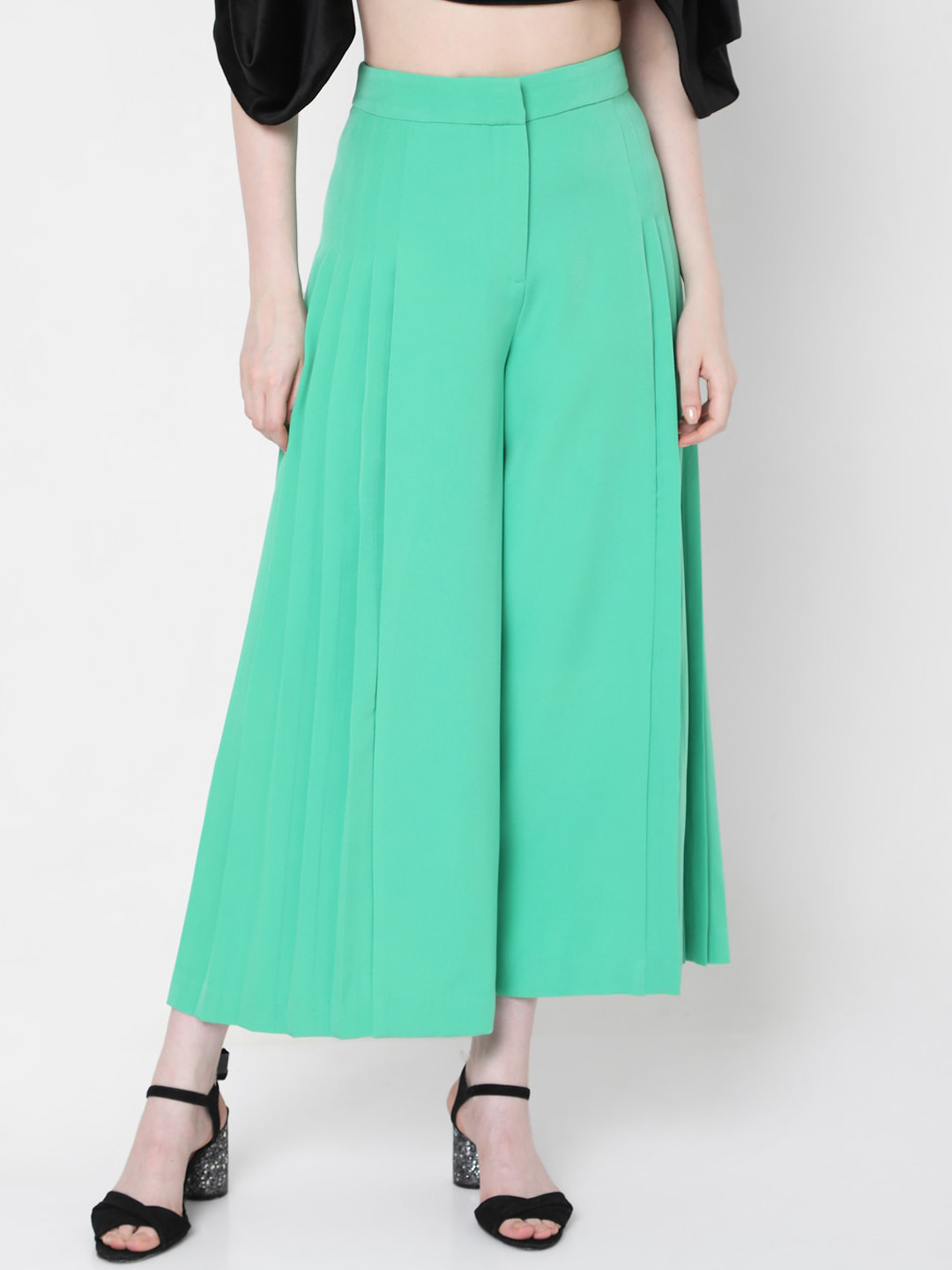 

Vero Moda Women Green Flared High-Rise Pleated Trousers