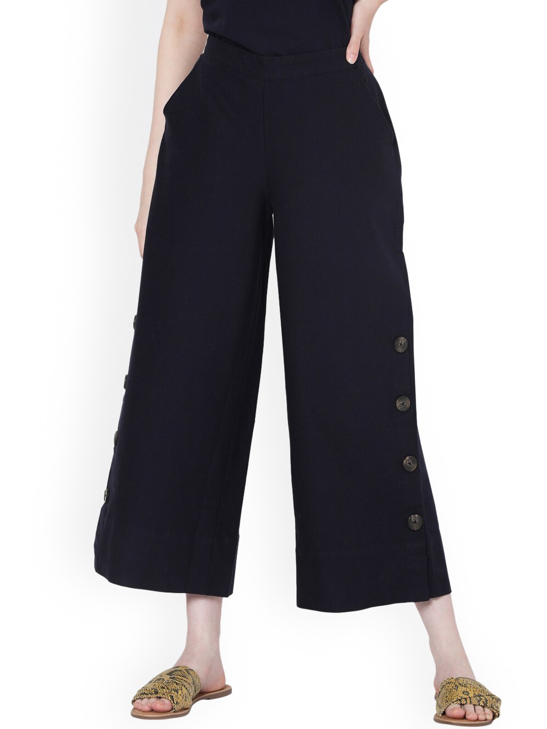 

Vero Moda Women Navy Blue Solid Flared High-Rise Culottes
