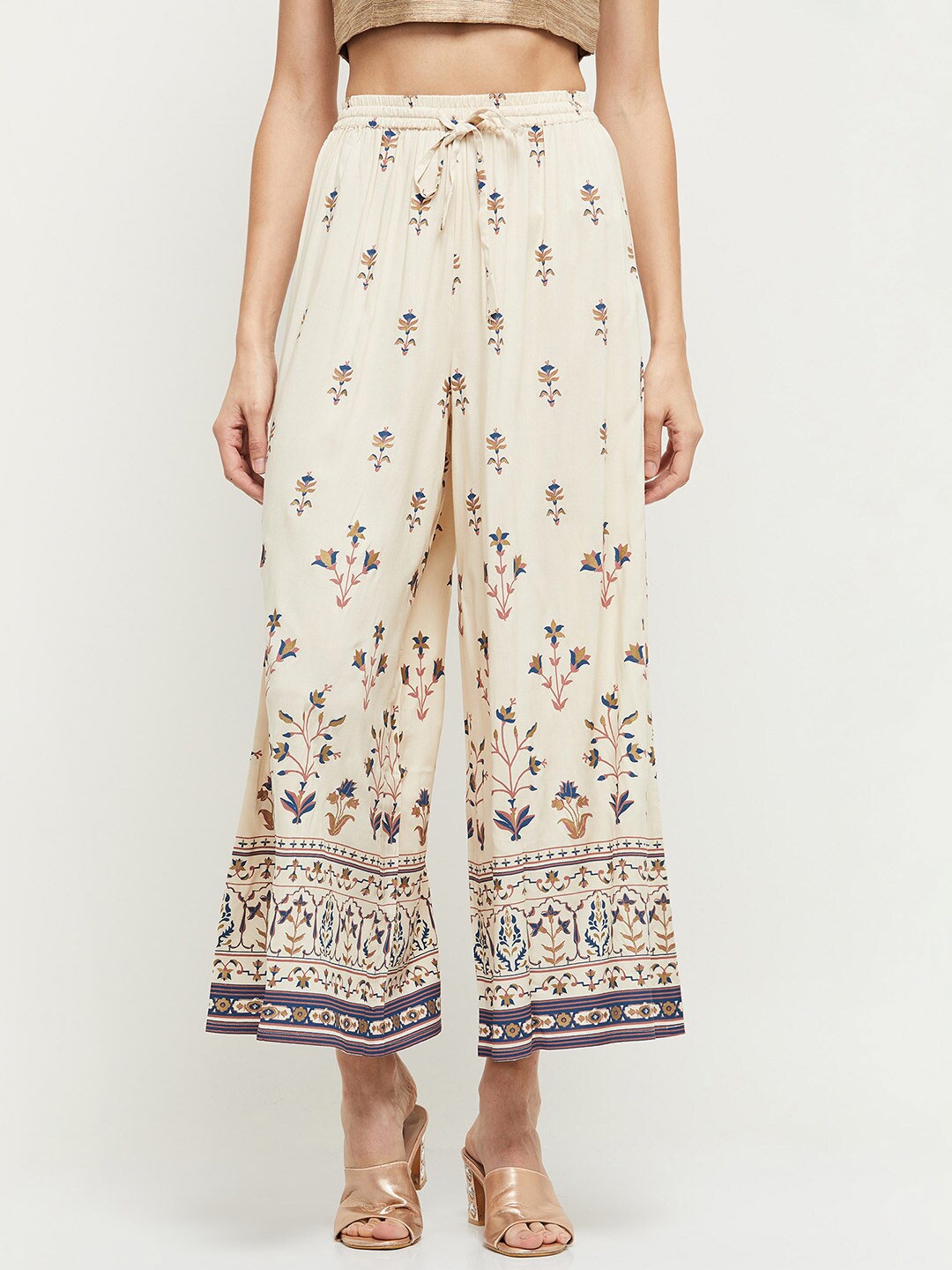 

max Women Off White & Blue Ethnic Motifs Printed Ethnic Palazzos