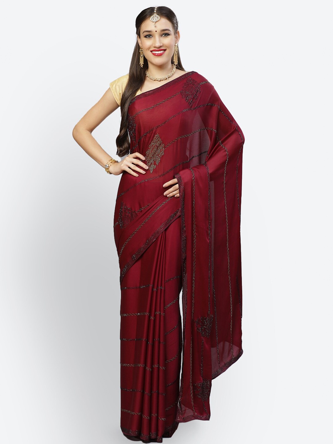 

Meena Bazaar Burgundy & Black Ethnic Motifs Embroidered Saree
