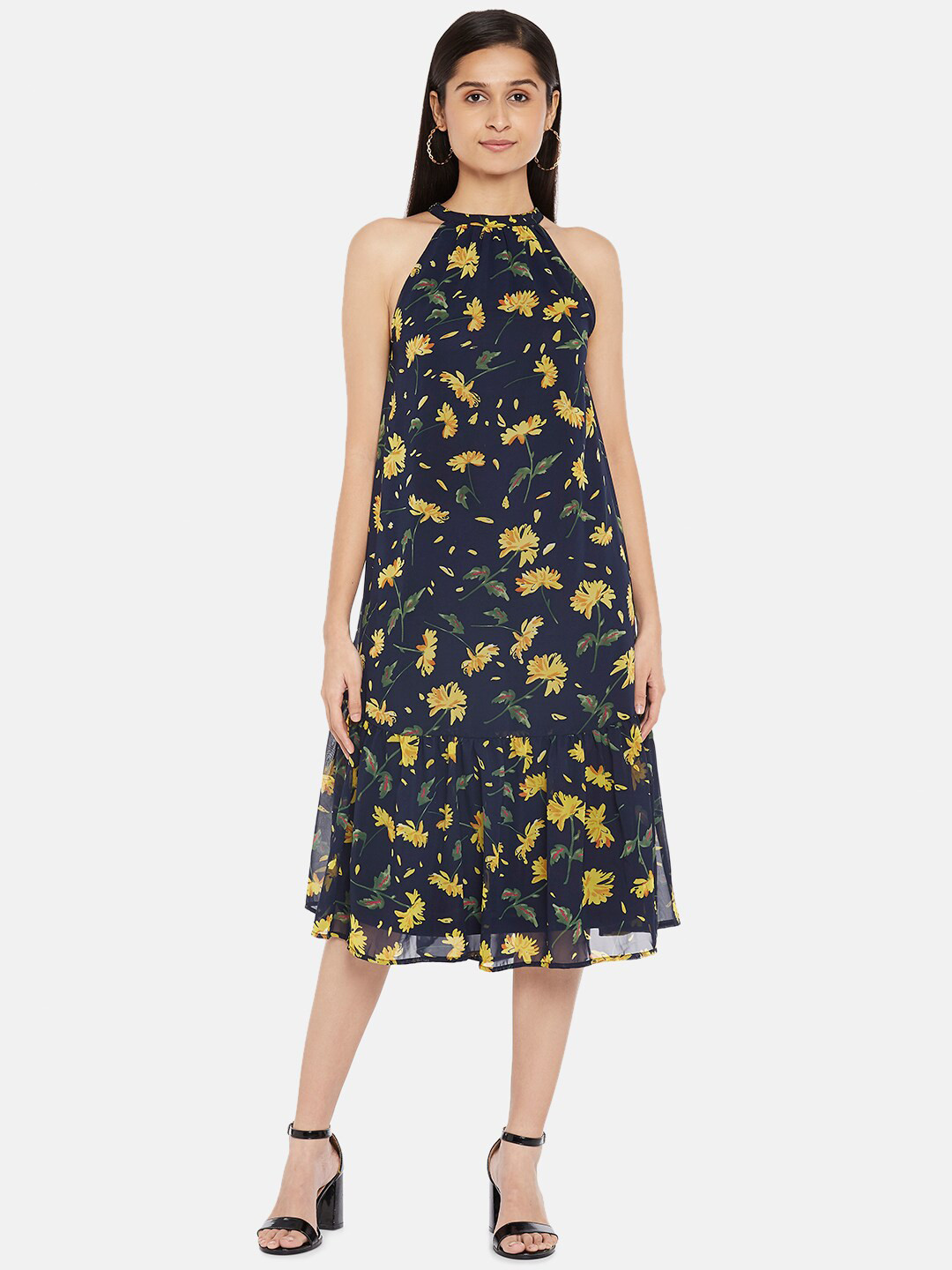

People Blue Floral Halter Neck A-Line Midi Dress